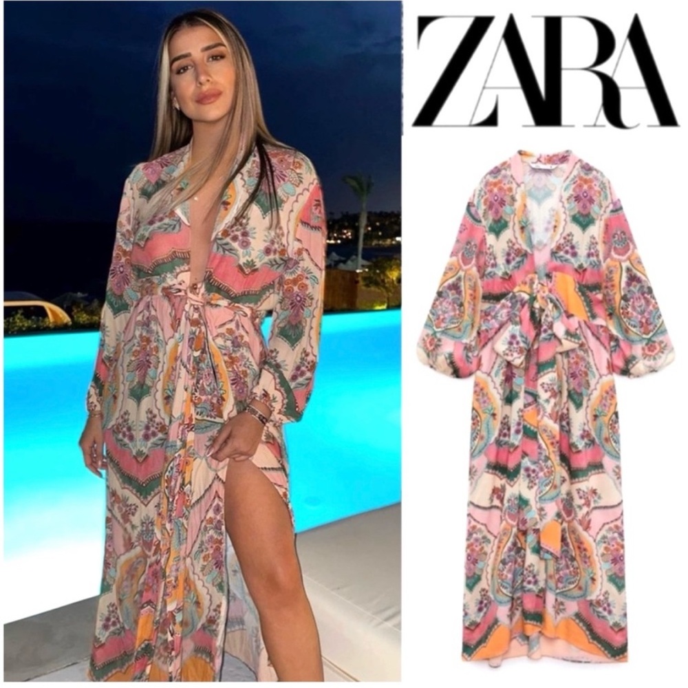 Zara Colorful Paisley belted wrap Maxi Dress size XS EUC